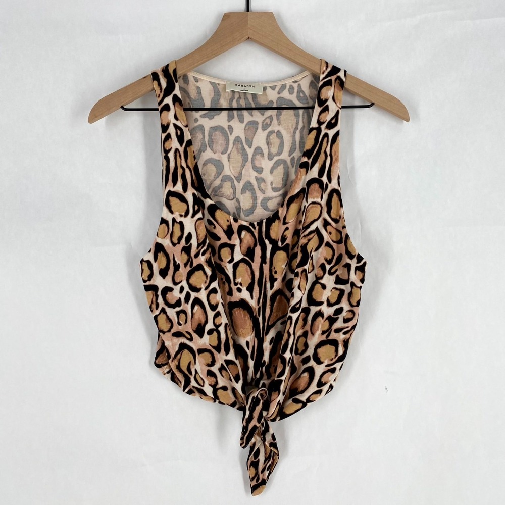 Aritzia Babaton Crop Top Womens M Brown Stretch Leopard Scoop Neck Tie Front